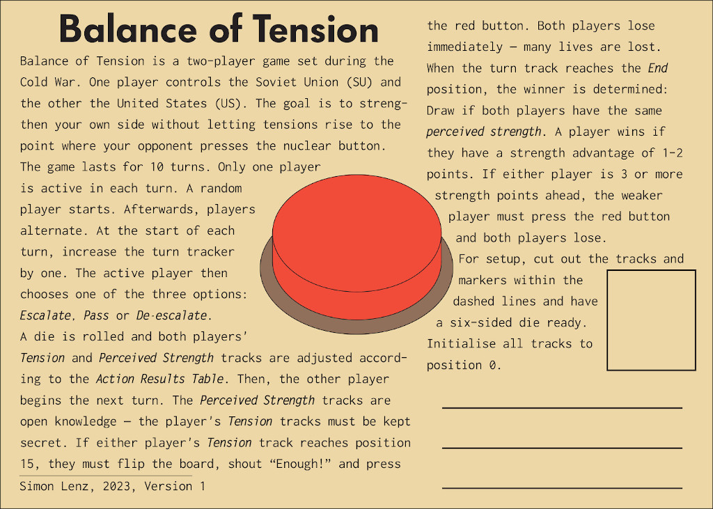 Front of the postcard showing rules text and a big red button in the center