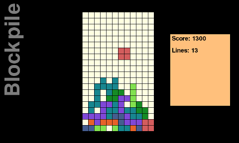 Screenshot of blockkpile the game. Shows colour blocks stacked on top of each other. A red square is currently in flight above the stack. The score is 1300.
