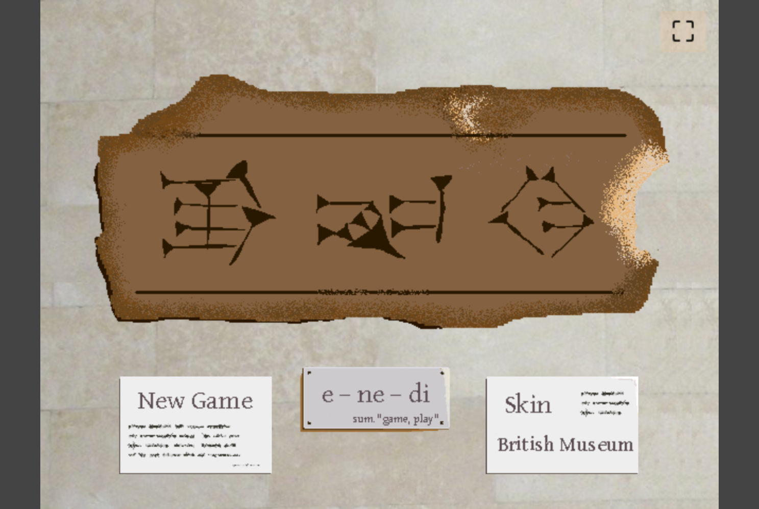 Screenshot of the main menu. Shows pixel art clay tablet with 'Enedi' in cuneiform as well as new game and skin selection buttons in the style of museum plaque below the tablet.